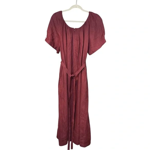 Mansur Gavriel Linen Puff Balloon Sleeve Belted Scoopneck Peasant Dress  Size S